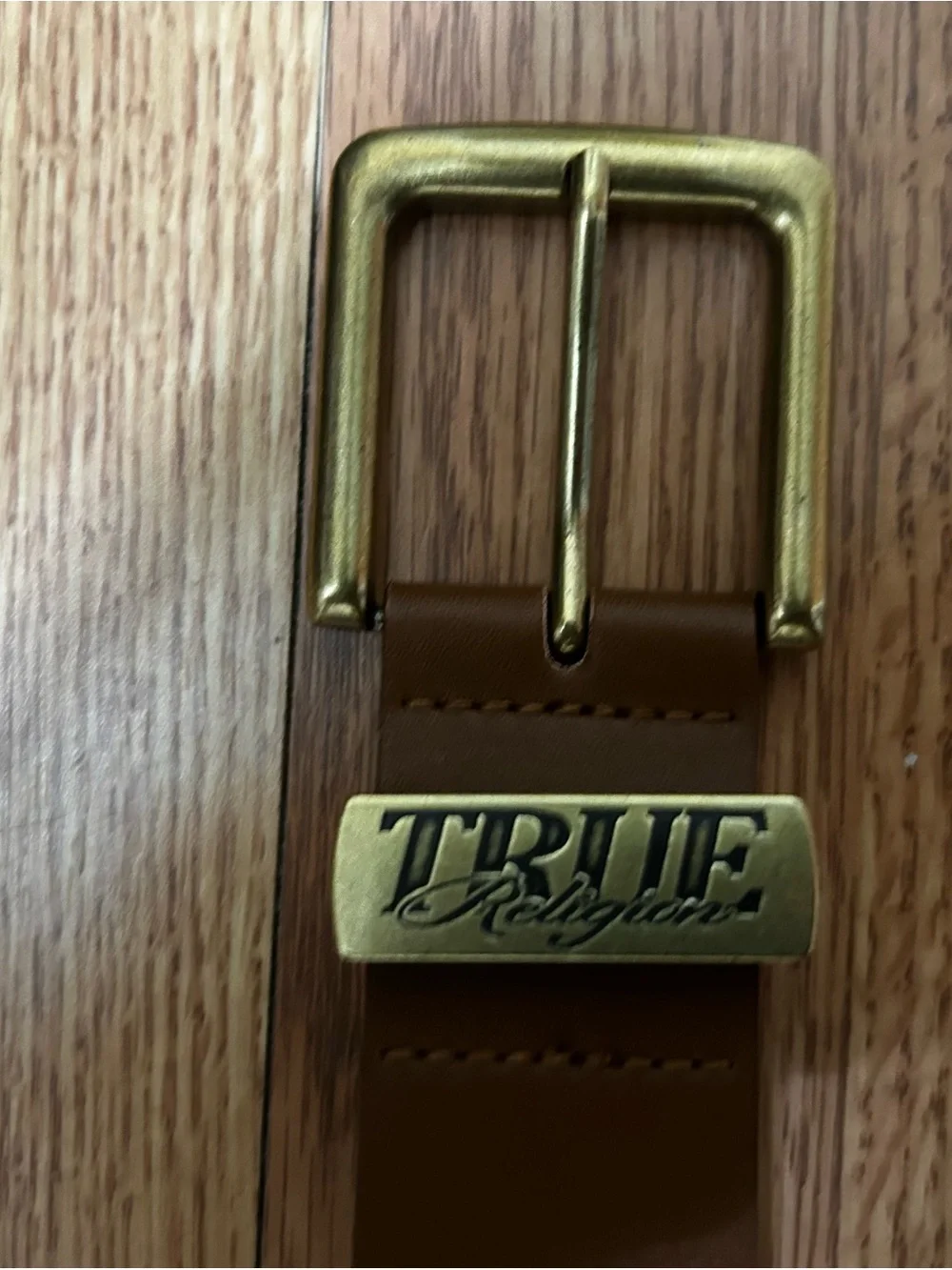 True Religion Black Leather Belt with Gold Accent